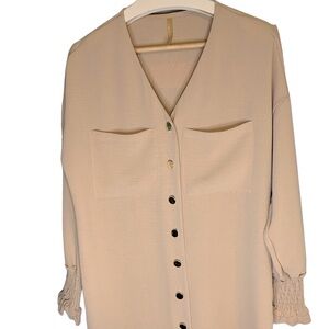 La Monne Tan Blouse Women's Size L, with Gold Button Accents